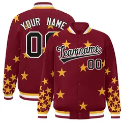 Crimson Black-White Star Graffiti Varsity Full-Snap Bomber Jacket