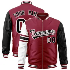 Crimson Black-White Varsity Full-Zip Raglan Stripe Letterman Bomber Jacket 1