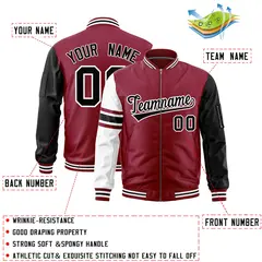Crimson Black-White Varsity Full-Zip Raglan Stripe Letterman Bomber Jacket 2
