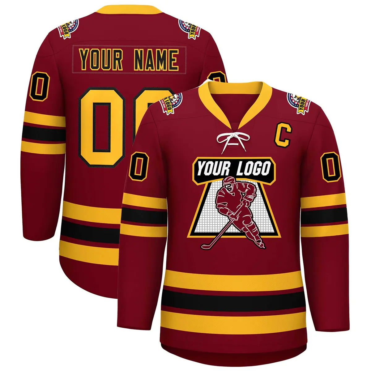 Crimson Black-Yellow Lace-Up Neck Hockey Jersey