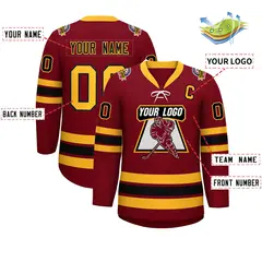 Crimson Black-Yellow Lace-Up Neck Hockey Jersey 2