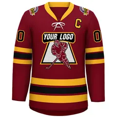 Crimson Black-Yellow Lace-Up Neck Hockey Jersey 3