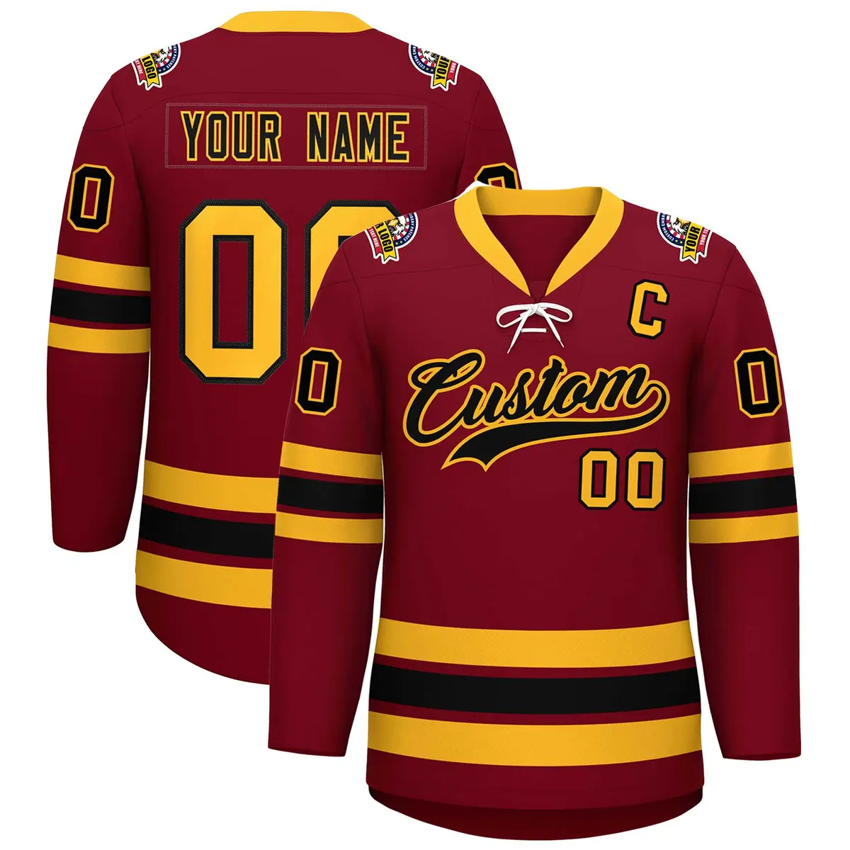 Crimson Black-Yellow Lace-Up Neck Hockey Jersey