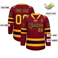 Crimson Black-Yellow Lace-Up Neck Hockey Jersey 2