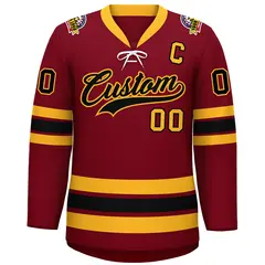 Crimson Black-Yellow Lace-Up Neck Hockey Jersey 3