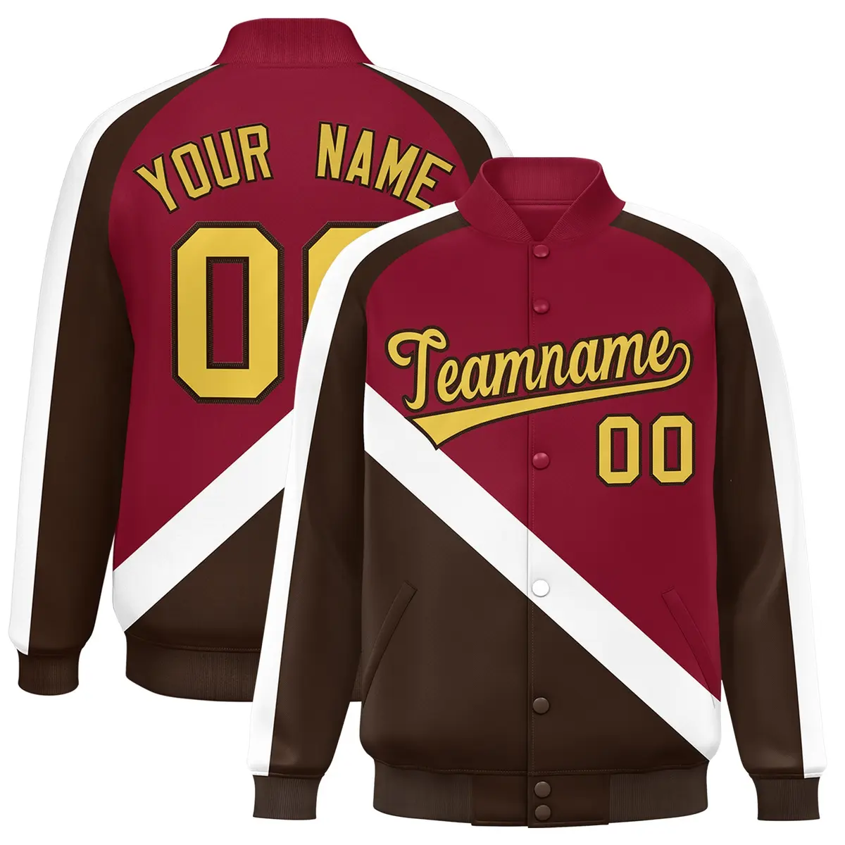 Crimson Brown Raglan Varsity Full-Snap Letterman Baseball Jacket