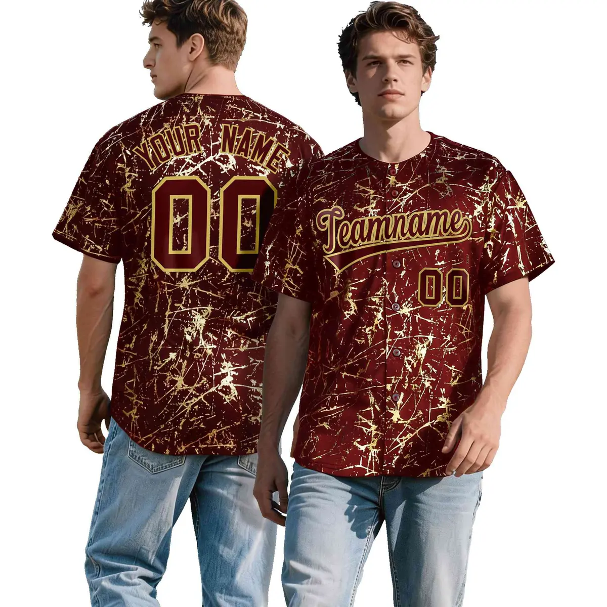 Crimson Burgundy Shiny Gold Cracked Texture Baseball Jersey