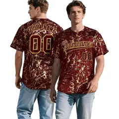Crimson Burgundy Shiny Gold Cracked Texture Baseball Jersey