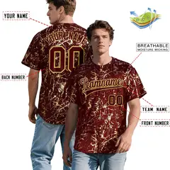 Crimson Burgundy Shiny Gold Cracked Texture Baseball Jersey 2