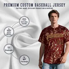 Crimson Burgundy Shiny Gold Cracked Texture Baseball Jersey 3