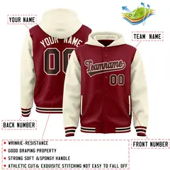 Crimson Cream Raglan Sleeves Full-Snap Varsity Jacket Hoodie 4