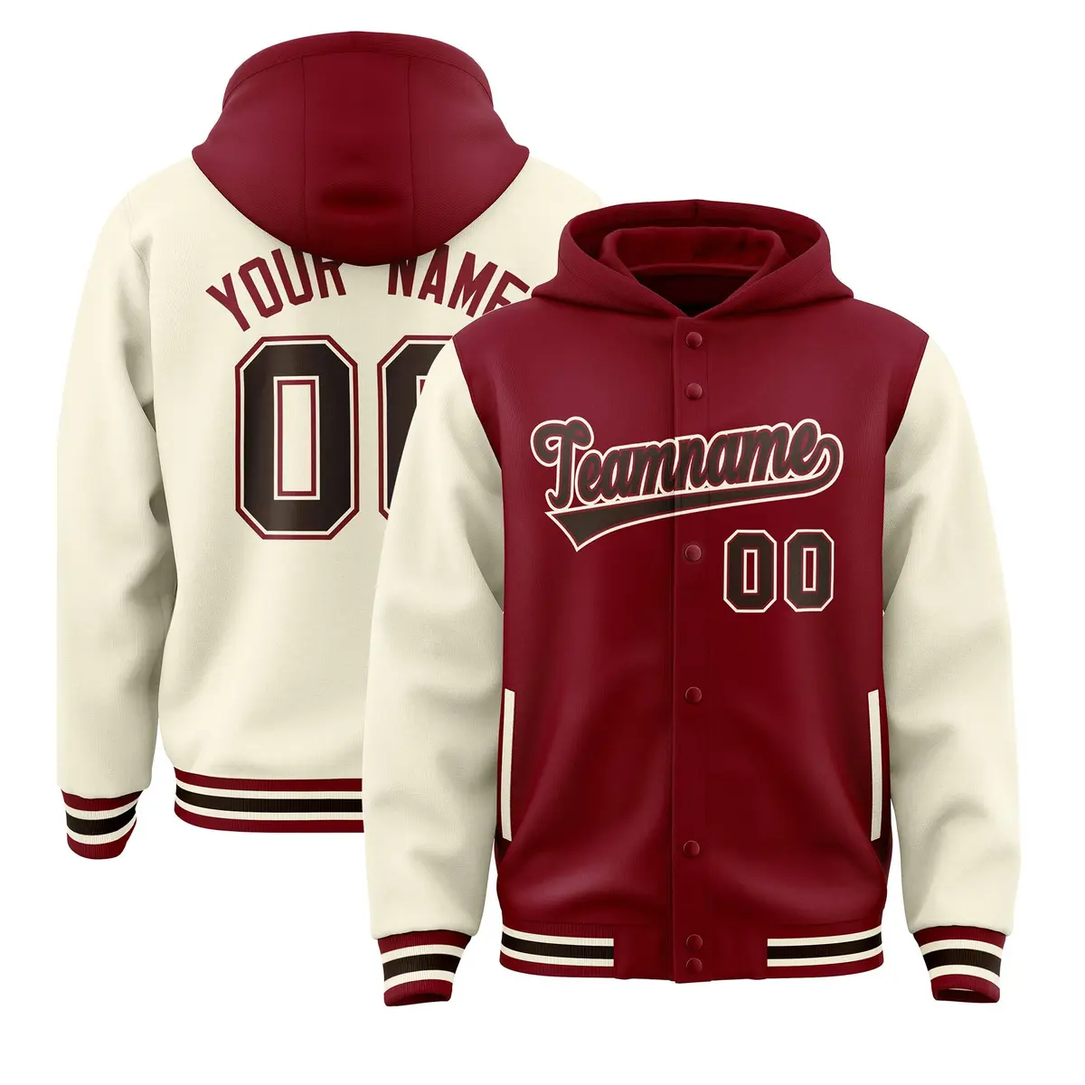 Crimson Cream Raglan Sleeves Full-Snap Varsity Jacket Hoodie