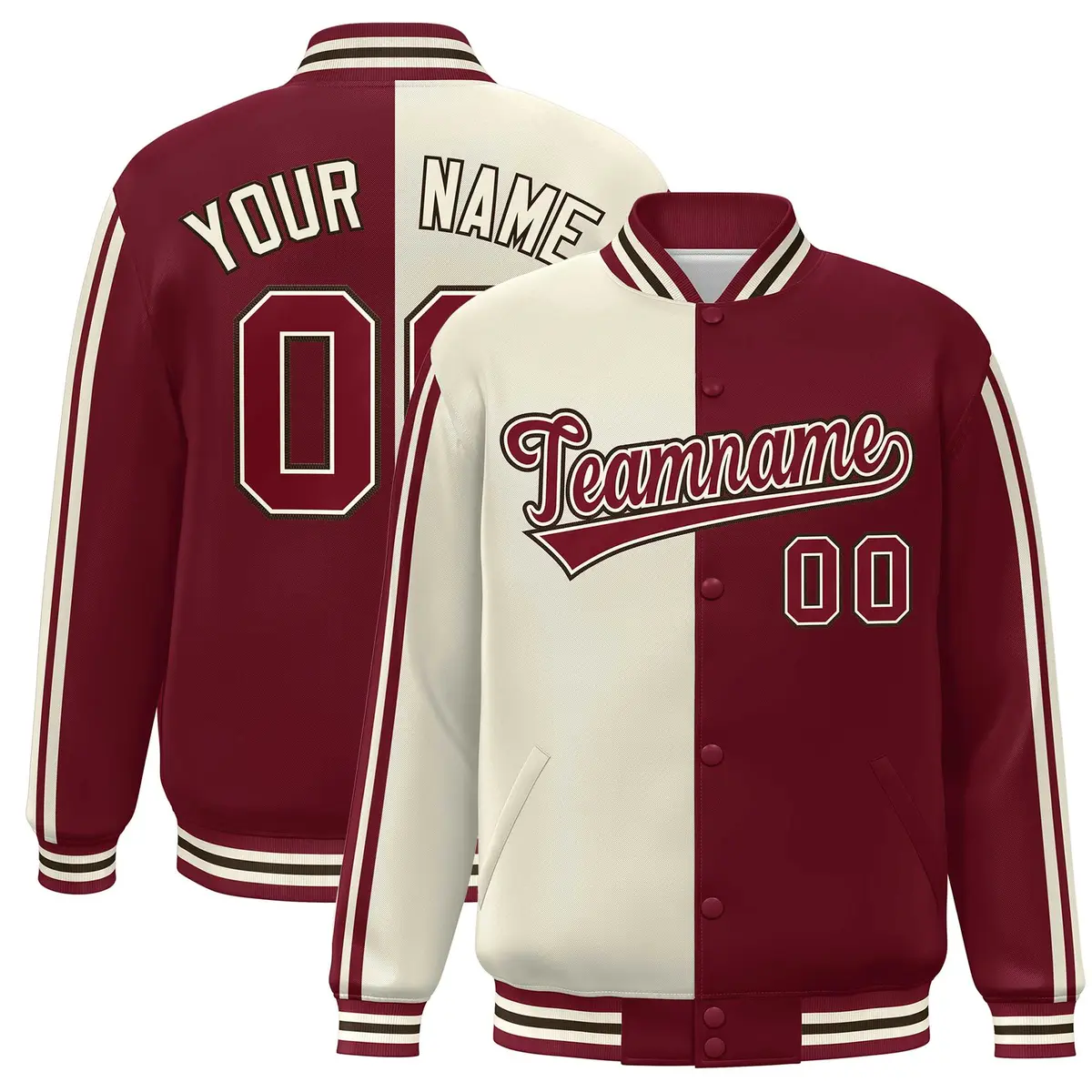 Crimson Cream Two Tone Color Block Varsity Bomber Jacket