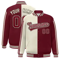 Crimson Cream Two Tone Color Block Varsity Bomber Jacket