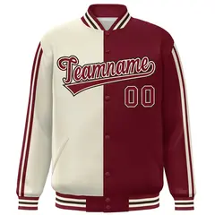 Crimson Cream Two Tone Color Block Varsity Bomber Jacket 3