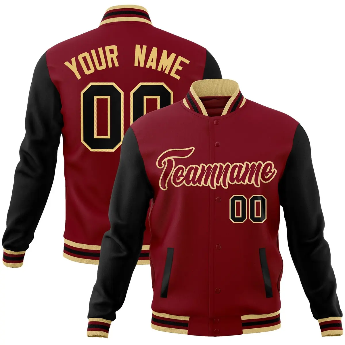 Crimson Crimson-Khaki Raglan Sleeves Varsity Full-Snap Letterman Jacket