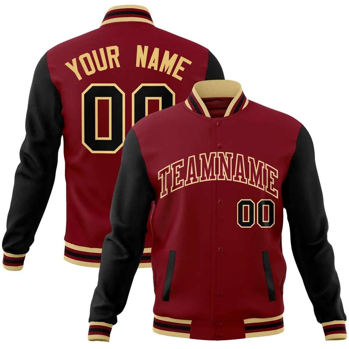 Crimson Crimson-Khaki Raglan Sleeves Varsity Full-Snap Letterman Jacket