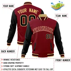 Crimson Crimson-Khaki Raglan Sleeves Varsity Full-Snap Letterman Jacket 4