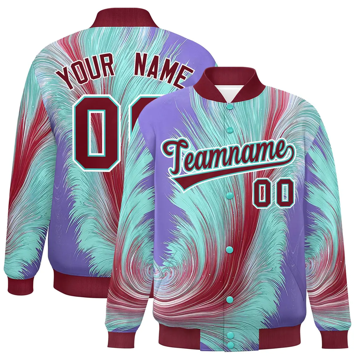 Crimson Feather Fluid Pattern Full-Snap Varsity Letterman Jacket