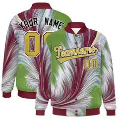 Crimson Feather Fluid Pattern Full-Snap Varsity Letterman Jacket