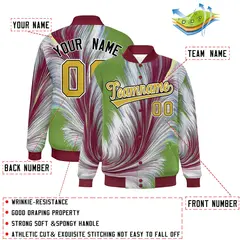 Crimson Feather Fluid Pattern Full-Snap Varsity Letterman Jacket 2