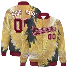 Crimson Feather Fluid Pattern Full-Snap Varsity Letterman Jacket 1
