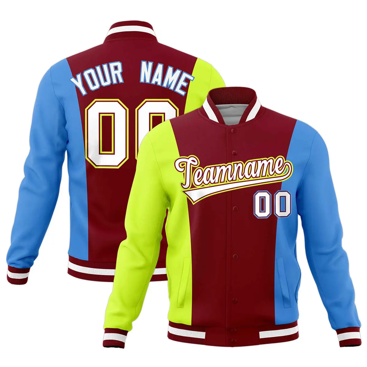 Crimson Fluorescent Green Powder Blue Three-Color Block Varsity Letterman Jacket