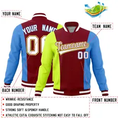 Crimson Fluorescent Green Powder Blue Three-Color Block Varsity Letterman Jacket 2