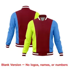 Crimson Fluorescent Green Powder Blue Three-Color Block Varsity Letterman Jacket 7