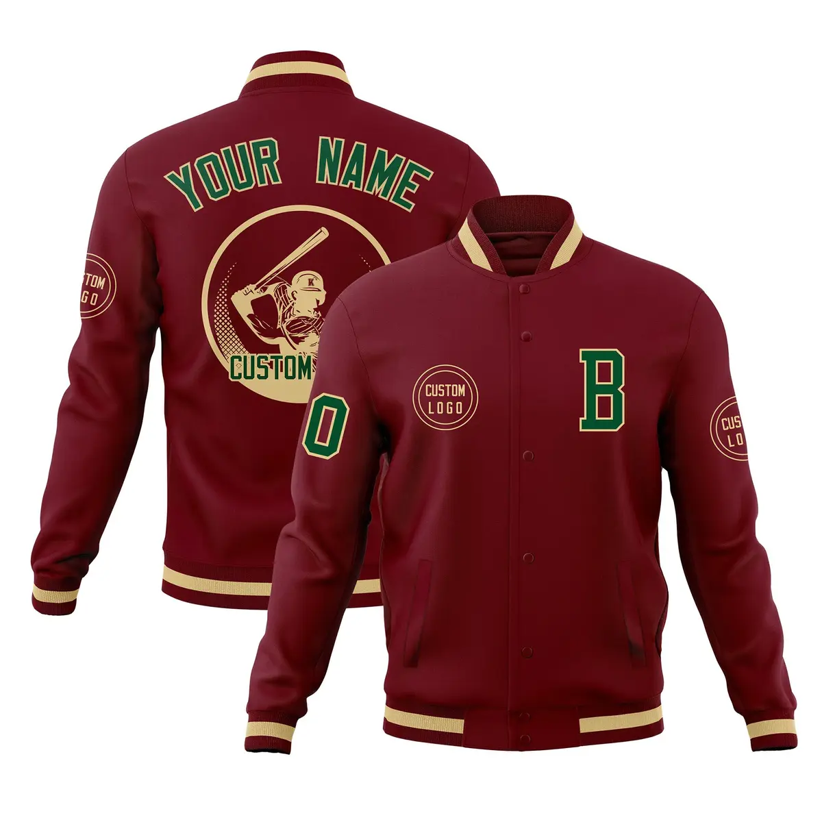 Crimson Full-Snap Varsity Letterman Baseball Jacket