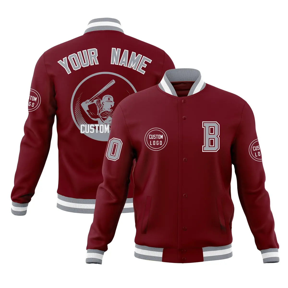 Crimson Full-Snap Varsity Letterman Baseball Jacket