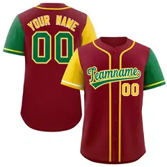 Crimson Gold and Kelly Green Raglan Sleeves Baseball Jersey 1