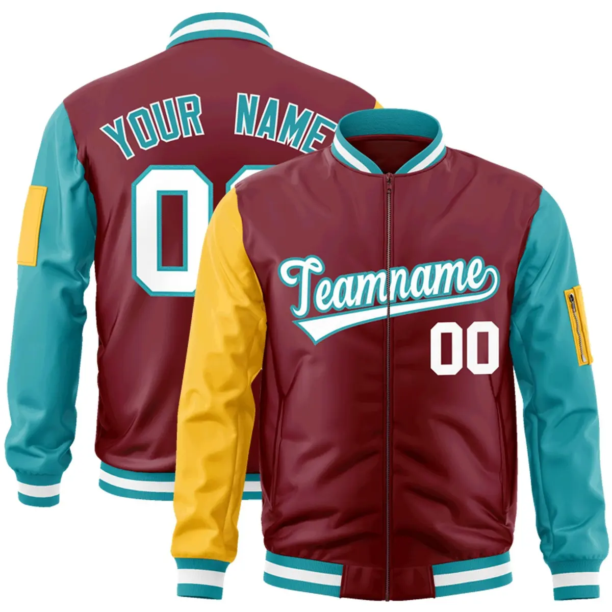 Crimson Gold-Aqua Raglan Varsity Full-Zip Letterman Bomber Jacket
