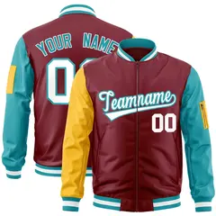 Crimson Gold-Aqua Raglan Varsity Full-Zip Letterman Bomber Jacket 1