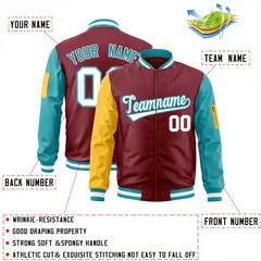 Crimson Gold-Aqua Raglan Varsity Full-Zip Letterman Bomber Jacket 2