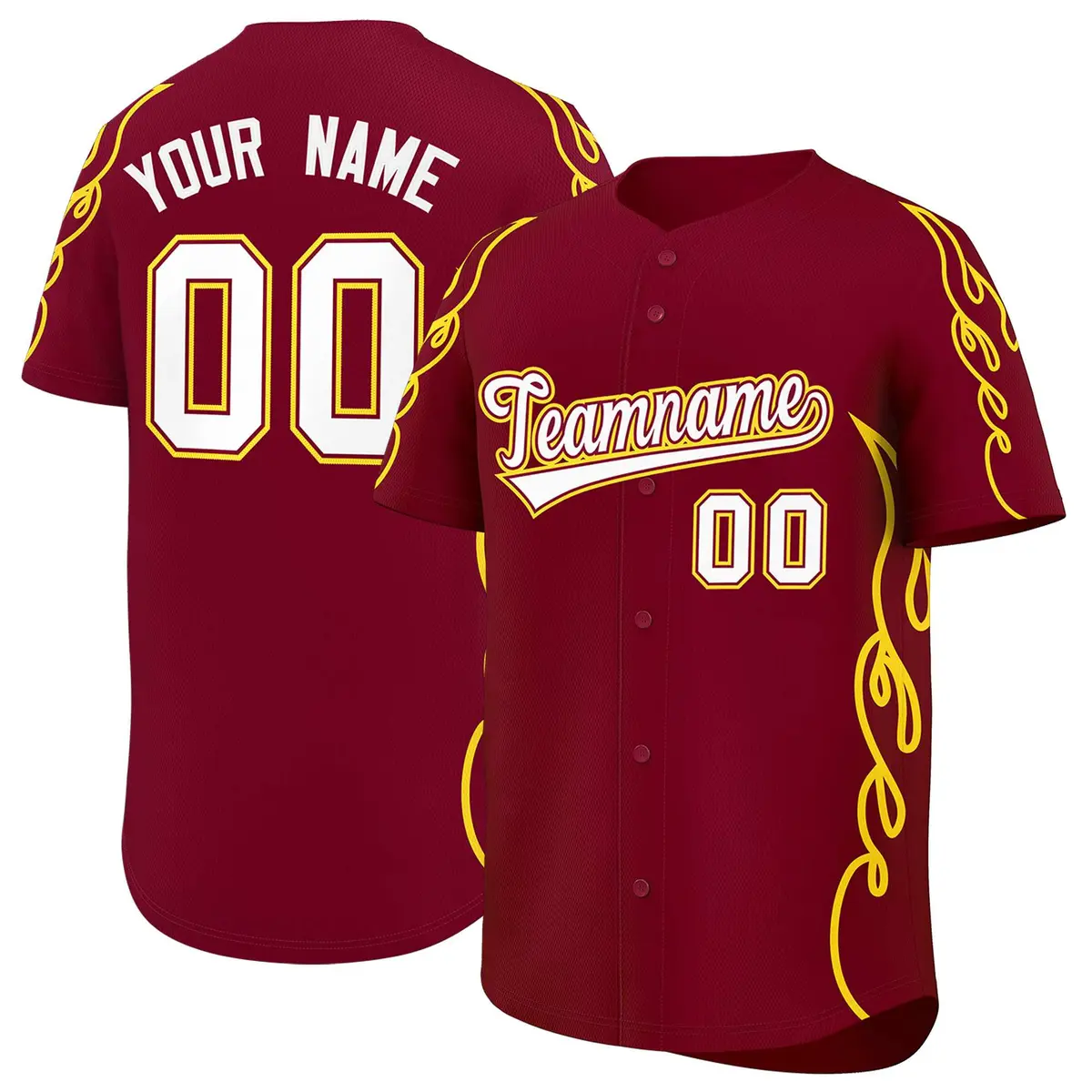 Crimson Gold Flame Outline Side Baseball Jersey