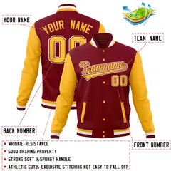Crimson Gold Full-Snap Varsity Raglan Letterman Baseball Jacket 4