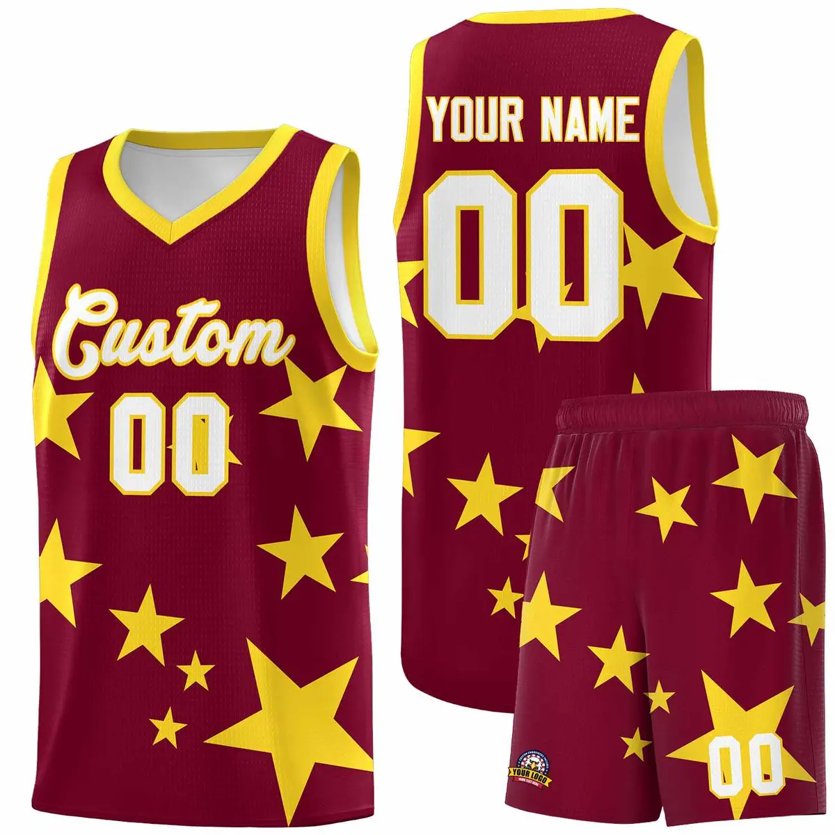 Crimson Gold Graffiti Star Print Basketball Jersey Sets