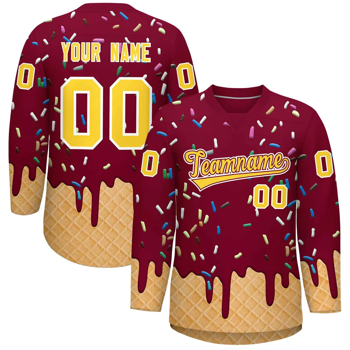Crimson Gold Ice Cream Pattern V-Neck Hockey Jersey