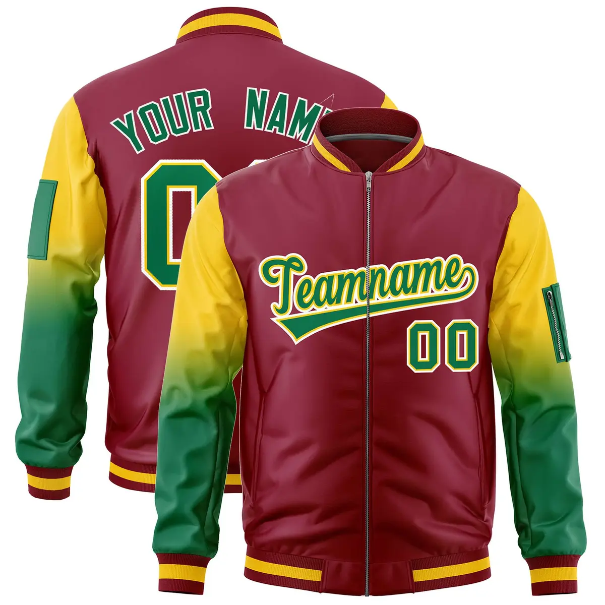 Crimson Gold-Kelly Green Gradient Raglan Varsity Full-Zip Letterman Bomber Jacket