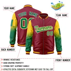 Crimson Gold-Kelly Green Gradient Raglan Varsity Full-Zip Letterman Bomber Jacket 2