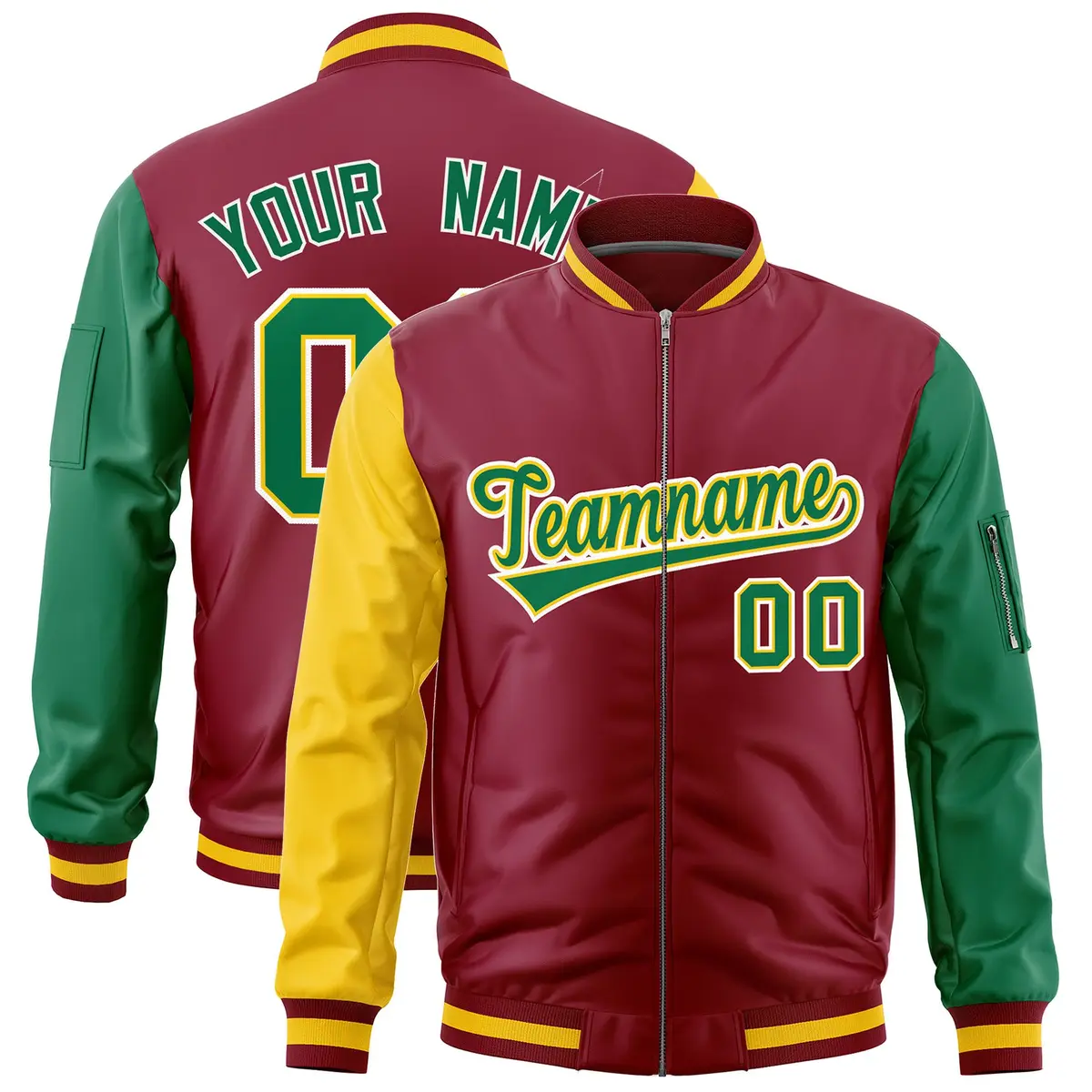 Crimson Gold Kelly Green Varsity Letterman Bomber Jacket Full-Zip Raglan