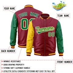 Crimson Gold Kelly Green Varsity Letterman Bomber Jacket Full-Zip Raglan 2
