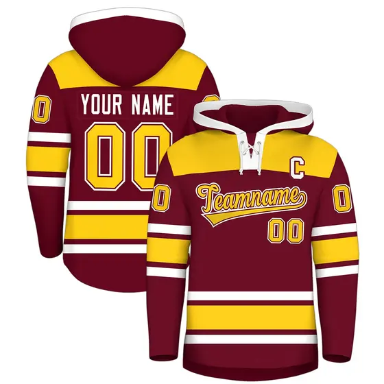 Crimson Gold Lace-Up Neck Raglan Hockey Hoodie Jersey