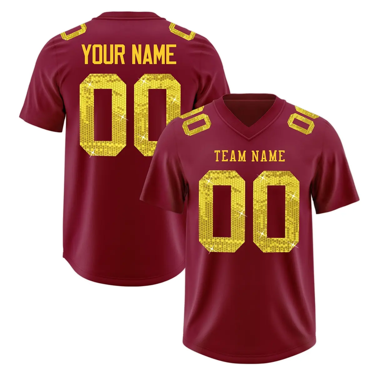 Crimson Gold Sequin Lettering Breathable Football Jersey