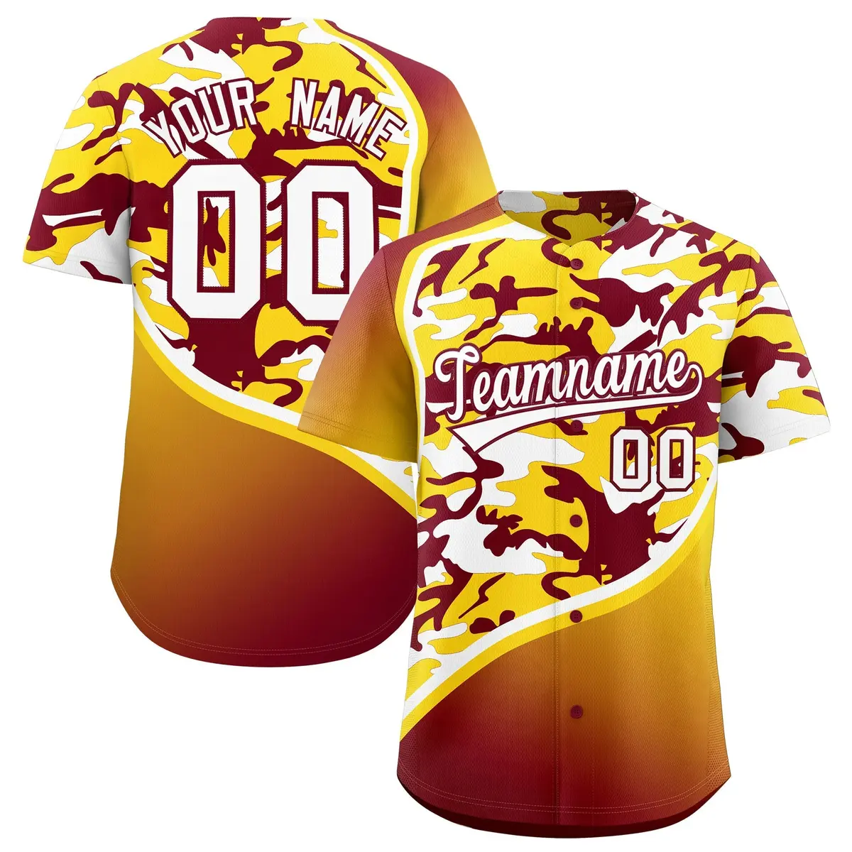 Crimson Gold White Camo Gradient Fashion Baseball Jersey