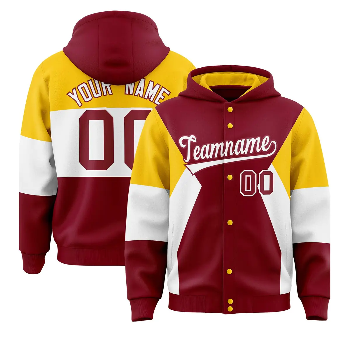 Crimson Gold-White Color Block Full-Snap Varsity Letterman Jacket Hoodie