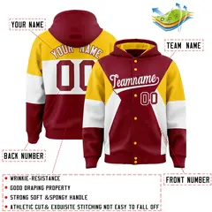 Crimson Gold-White Color Block Full-Snap Varsity Letterman Jacket Hoodie 4