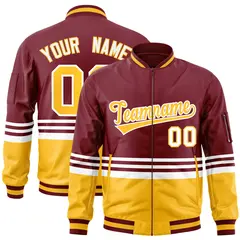 Crimson Gold-White Color Block Varsity Full-Zip Letterman Bomber Jacket