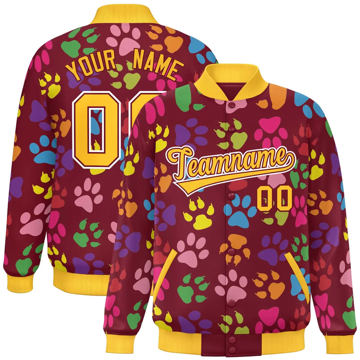 Crimson Gold-White Paw Prints Graffiti Varsity Letterman Baseball Jacket